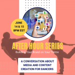 two dancers in back attitude overlaid with the above information about the project, including date time and tagline