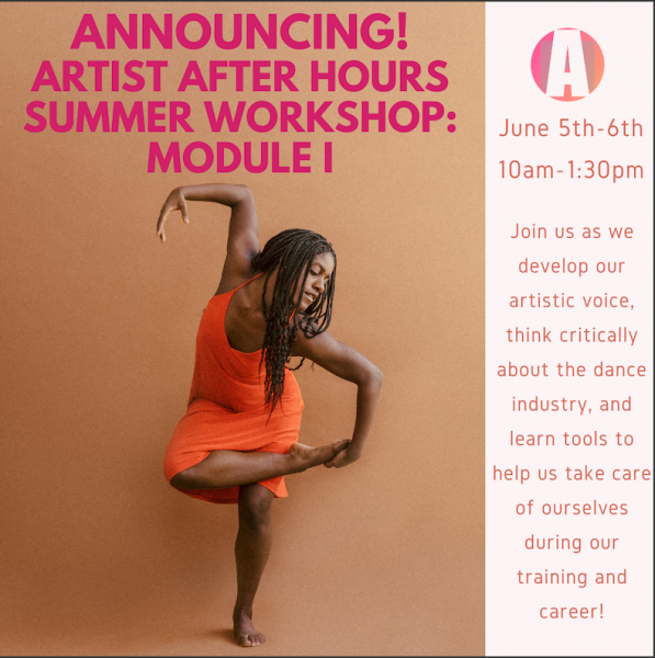 Dancer in orange dress poses in a forced arch with beautiful port de bra, displays all information listed in the text.