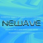 The word NEWAVE written in a bold metallic font on a background of a blue wave like graphic