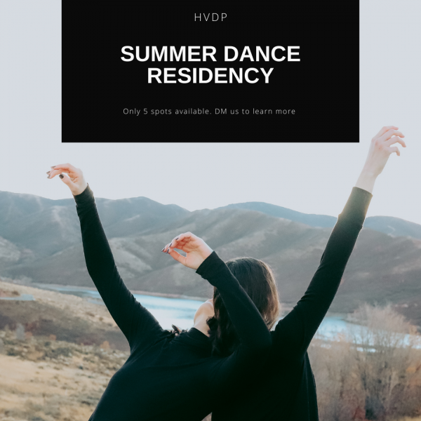 Two dancers with their arms up in the air. Text, on the top of the poster, says HVDP Summer Dance Residency. Only 5 spots open