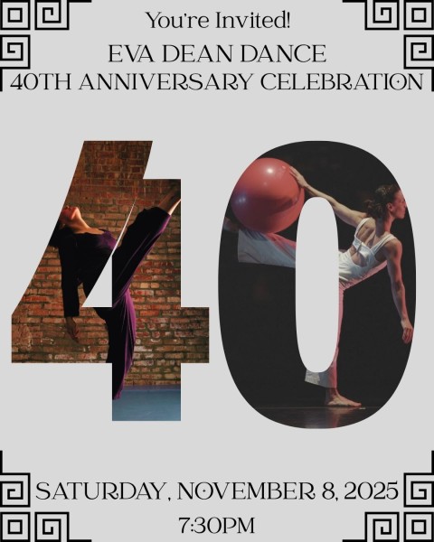 Text reads: "You're Invited! Eva Dean Dance 40th Anniversary Celebration!" The number "40" is below and has pictures of dancers.
