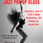 Image shows B&W Dancer with red text stating: Jazz Pop Up Class and Class Details