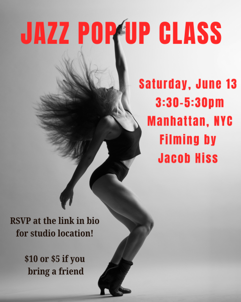 Image shows B&W Dancer with red text stating: Jazz Pop Up Class and Class Details