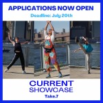 This graphic shows three photos of dancers side by side in the center of the square. They are each dancing on Pier 3 in Brooklyn