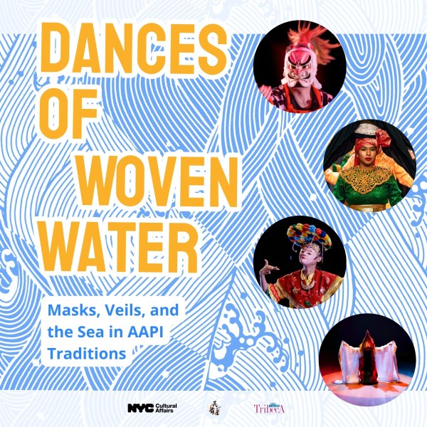 Title of Dances of Woven Water with 4 pictures of Japanese, Indonesian, and Korean masked dances