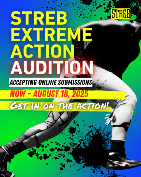 Dancer running on human-sized hamster wheel