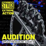 Black and white image with yellow text reading "STREB EXTREME ACTION AUDITION"
