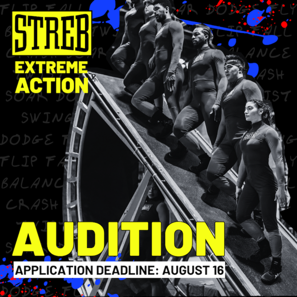 Black and white image with yellow text reading "STREB EXTREME ACTION AUDITION"