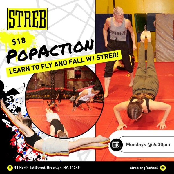 Dancers participating in 'flying' and ground exercises with STREB instructors