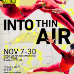 Three dancers fly through the air in front of a gray and yellow geometric background. 