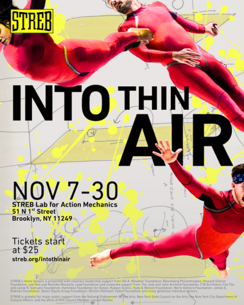 Three dancers fly through the air in front of a gray and yellow geometric background. 