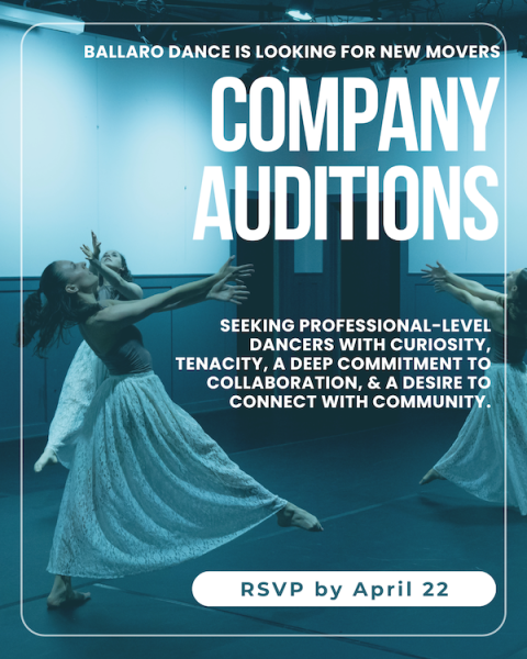 Three women lean backward with arms extended in front of their chest and right leg extended off the ground, in shades of blue. 