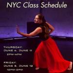 A woman stands reaching her arm forward wearing red flowing pants and a black top; wording advertises the classes.