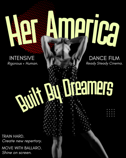 A woman stands with hands pressed to her eyes, head thrown back, in a black & white polka dot dress. Bold yellow text surrounds.