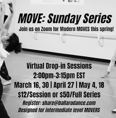 Black and white image of a dancer reaching over with text advertising the sessions.