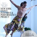 A woman sails through the air with arms outstretched wearing a multi-colored skirt and pink top.