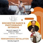 A woman reaching her hand toward the side while dancing in an outdoor stage; words advertising the program fill the page. 