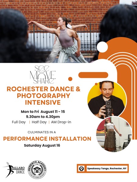 A woman reaching her hand toward the side while dancing in an outdoor stage; words advertising the program fill the page. 