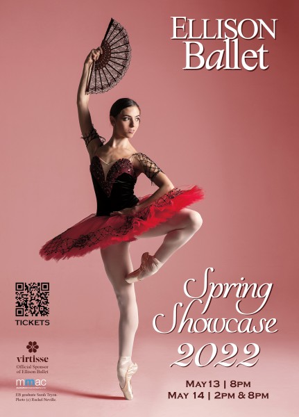 Promotional Image for performance showing ballet dancer en pointe wearing a red tutu
