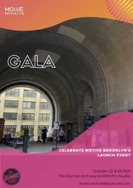 An image of The Dumbo Archway in Brooklyn. The arch of the Manhattan Bridge, with pink + orange wave design.
