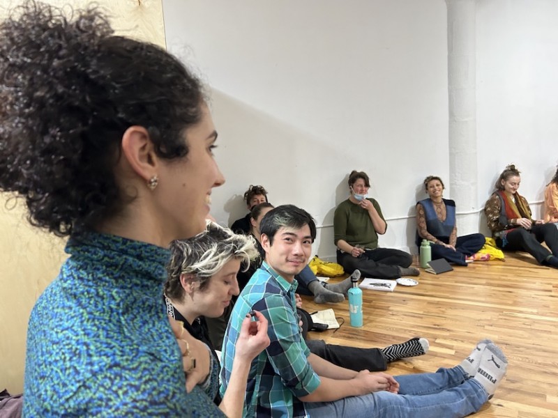 Lilach Orenstein, co-Director of MOtiVE Brooklyn and mentor for the program, leads a discussion with artists in the studio