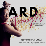 A women with arms framing face in a red top with text in black, gold and pink behind her