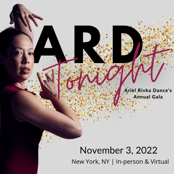 A women with arms framing face in a red top with text in black, gold and pink behind her