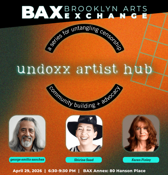 An orange background with text reading 'BAX, Brooklyn Arts Exchange' above text that reads 'undoxx artist hub'.