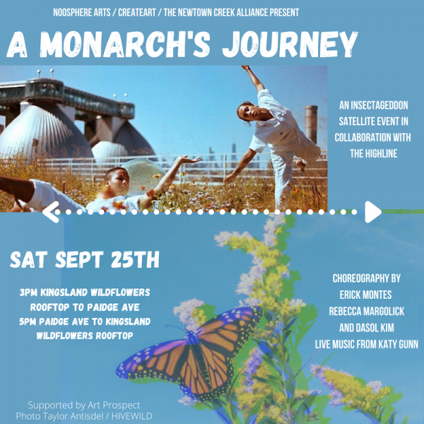 Event flyer containing a image of two dancers in white and a monarh butterfly resting on a yellow plant. 