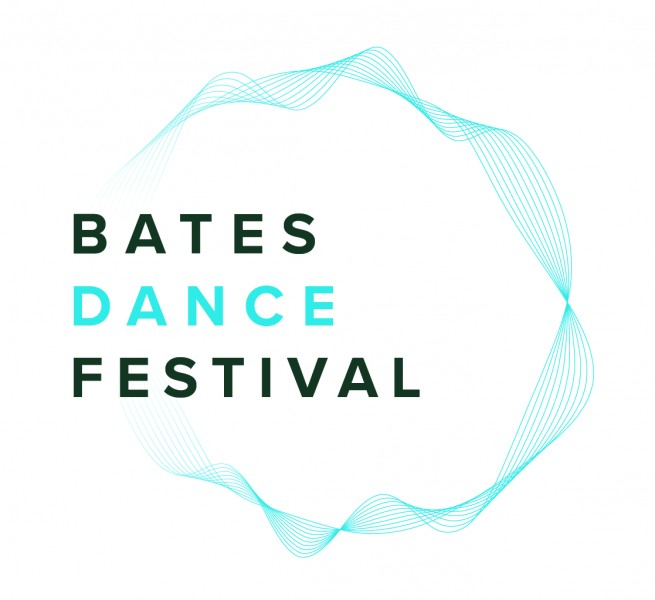 A white graphic with a blue circular web-like shape that frames blue and gray text that reads, "Bates Dance Festival".