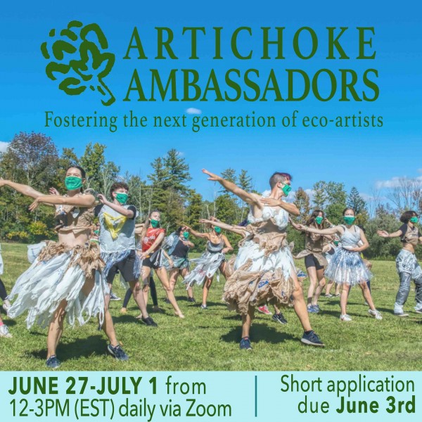 A group of people perform outside wearing costumes made of recycled plastic bags.