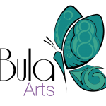 Logo for Bula Arts. The word Bula is in black, below the word Arts in purple. On the right, image of a butterfly with teal wings