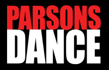 Parsons Dance logo, parsons in red font, dance in white font, black background