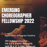 dancer lunging backwards with arms extended forwards with a dark backdrop and stage light peeking through