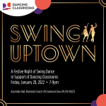 Poster that reads "Swing Uptown" in gold letters over a black background. Below it includes date and location.