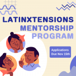 The image shows three characters in conversation below the title LatinXtensions Mentorship Program.