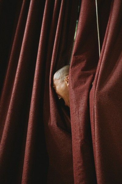 between the folds of a curtain a face in profile screams into the dark red fabric. The person is bald and asian.