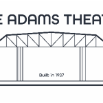The Adams Theater Logo - black and white line drawing of the building