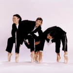 Dancers posed on pointe in suits bent over in various shapes