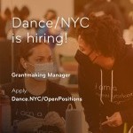 Photo of two Dance/NYC staff members in conversation, collaborating at an event. An orange overlay rests at the top of the image