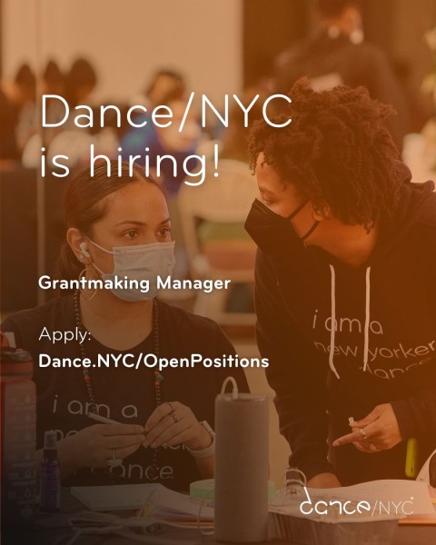 Photo of two Dance/NYC staff members in conversation, collaborating at an event. An orange overlay rests at the top of the image