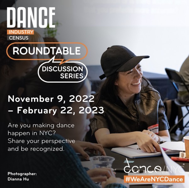 Photo of an event attendee smiling in conversation. Logos and graphics read &lsquo;Dance Industry Census Roundtable Discussion Series
