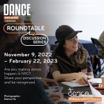 Photo of an event attendee smiling in conversation. Logos and graphics read ‘Dance Industry Census Roundtable Discussion Series