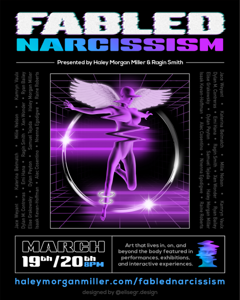 purple angel in the center with a a glowing circle and grid behind. Text on four sides of it about title, artists, and dates. 