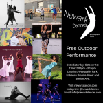 Eight photos of the performers in various dance positions. To the right is an image of a dancer in white that is leaping .