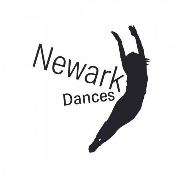 Image of a dancer on the right with arms up in the air and legs together and the words Newark and dances placed to the left. 