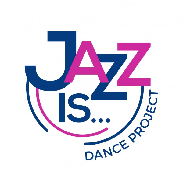 Circular logo in magenta and navy blue that reads Jazz Is... Dance Project