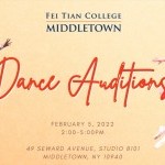 Image: A male classical Chinese dancers strikes a pose next to a female ballet dancer jumping in mid-air. Text: Dance Auditions