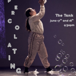 Dancer standing with legs apart and arms together, reaching up. Text on photo with name of showcase, date, and time