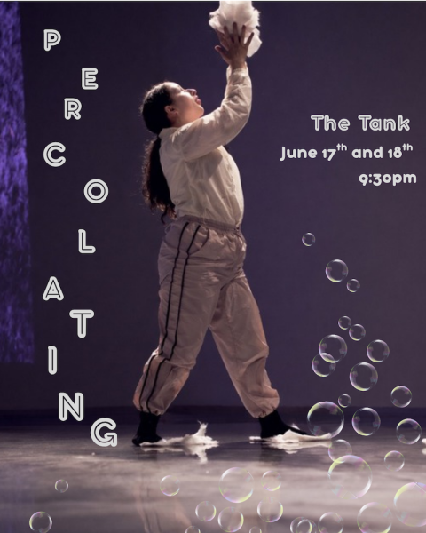 Dancer standing with legs apart and arms together, reaching up. Text on photo with name of showcase, date, and time